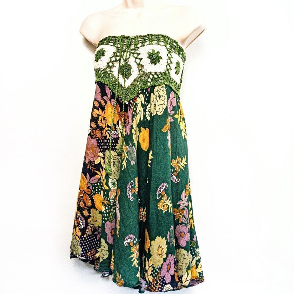 Thai Green Floral Crocheted Bodice Midi Summer Dress Sz S/M - Picture 11 of 11